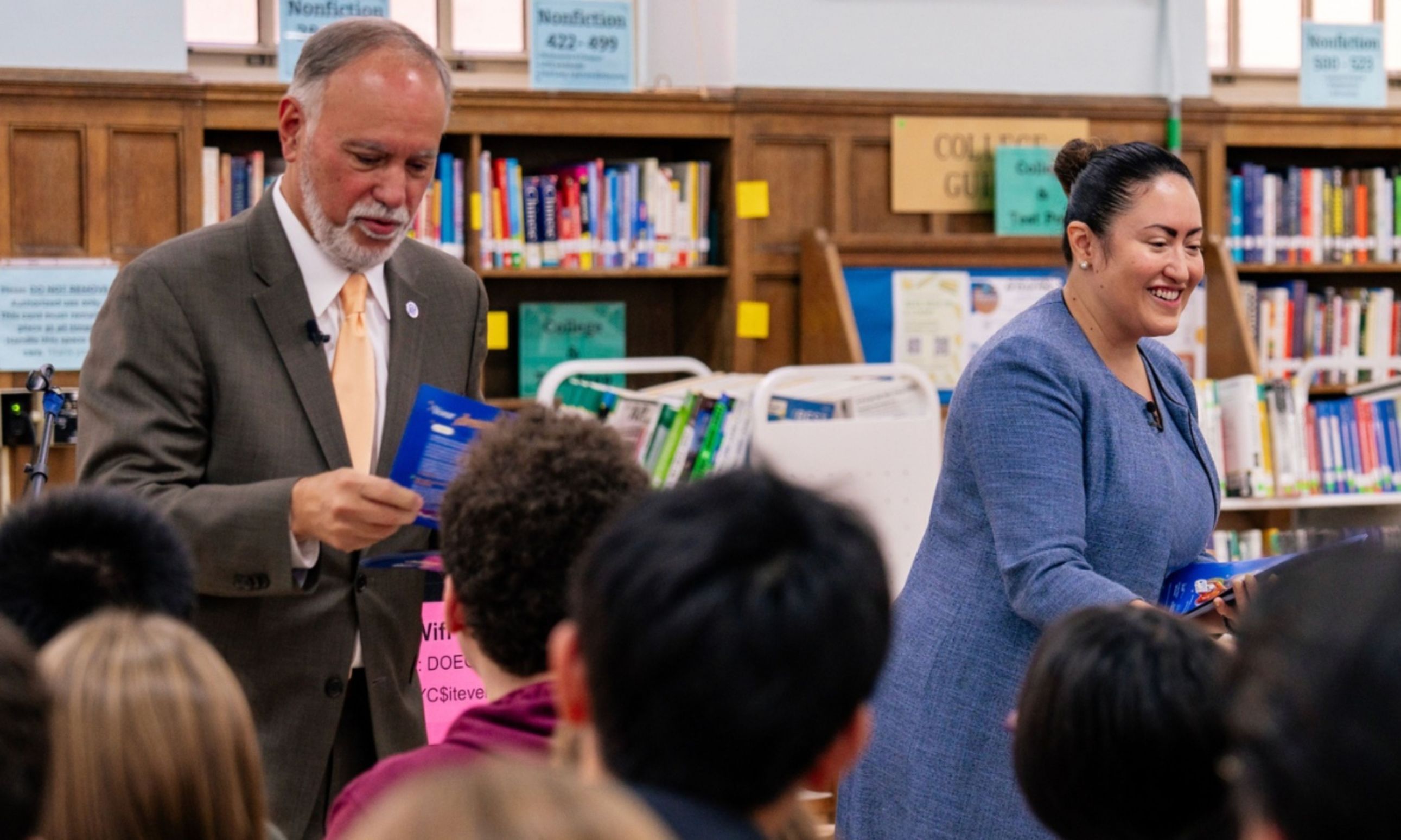 CUNY Chancellor Félix V. Matos Rodríguez and NYC Schools Chancellor Melissa Aviles-Ramos distribute “Welcome to CUNY” letters to Brooklyn Tech seniors. - 1