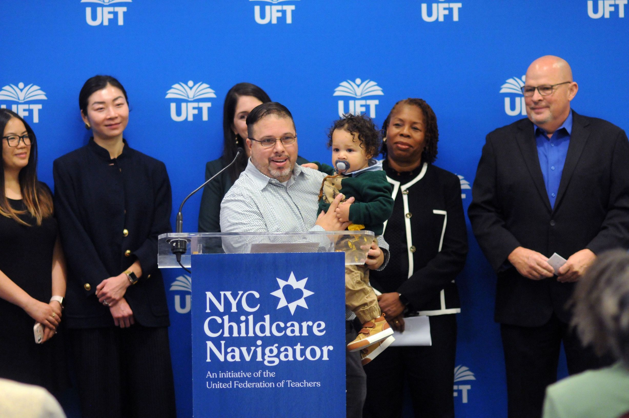 Paraprofessional Ernest Suarez speaks at UFT headquarters where the UFT announced the launch of its Citywide Childcare Navigator platform.