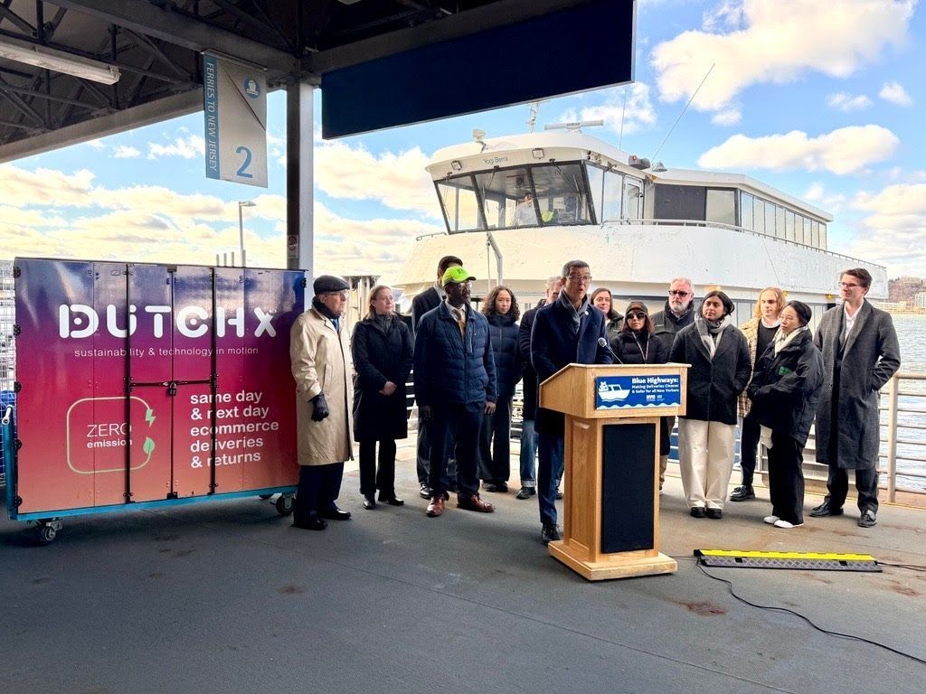 NYC DOT Commissioner Rodriguez announcing the start of the Blue Highways Pilot at Pier 79 in Manhattan. Credit: NYC DOT